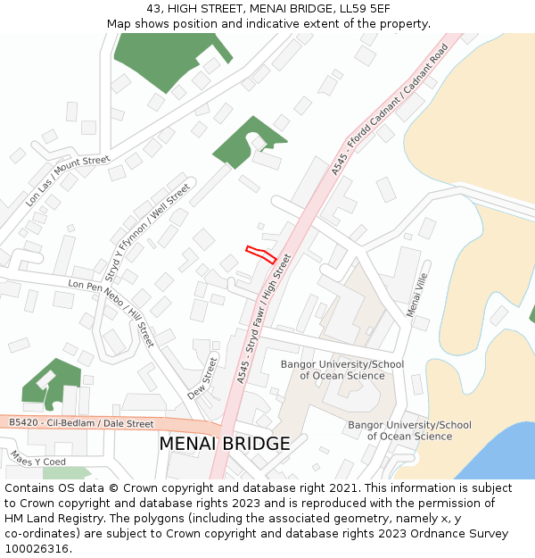 43, HIGH STREET, MENAI BRIDGE, LL59 5EF: Location map and indicative extent of plot