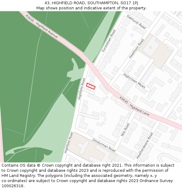 43, HIGHFIELD ROAD, SOUTHAMPTON, SO17 1PJ: Location map and indicative extent of plot