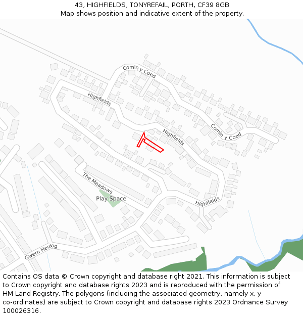 43, HIGHFIELDS, TONYREFAIL, PORTH, CF39 8GB: Location map and indicative extent of plot