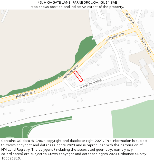 43, HIGHGATE LANE, FARNBOROUGH, GU14 8AE: Location map and indicative extent of plot