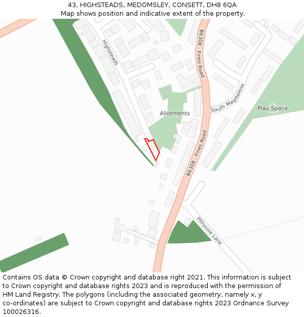 43, HIGHSTEADS, MEDOMSLEY, CONSETT, DH8 6QA: Location map and indicative extent of plot