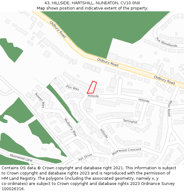 43, HILLSIDE, HARTSHILL, NUNEATON, CV10 0NX: Location map and indicative extent of plot