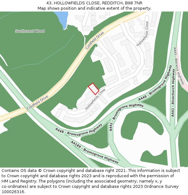 43, HOLLOWFIELDS CLOSE, REDDITCH, B98 7NR: Location map and indicative extent of plot