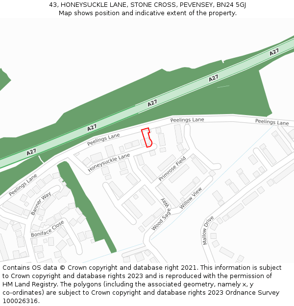 43, HONEYSUCKLE LANE, STONE CROSS, PEVENSEY, BN24 5GJ: Location map and indicative extent of plot