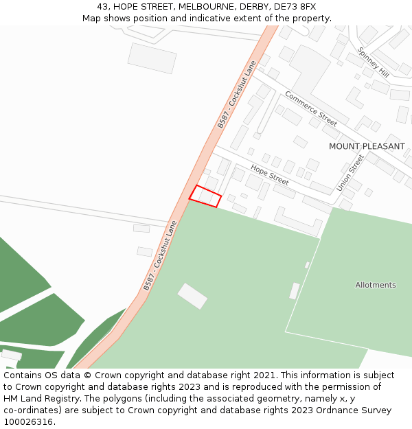 43, HOPE STREET, MELBOURNE, DERBY, DE73 8FX: Location map and indicative extent of plot