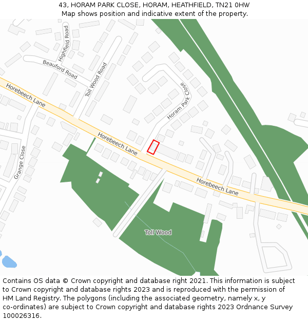 43, HORAM PARK CLOSE, HORAM, HEATHFIELD, TN21 0HW: Location map and indicative extent of plot
