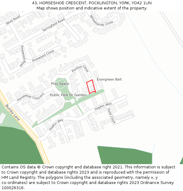 43, HORSESHOE CRESCENT, POCKLINGTON, YORK, YO42 1UN: Location map and indicative extent of plot