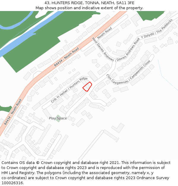 43, HUNTERS RIDGE, TONNA, NEATH, SA11 3FE: Location map and indicative extent of plot