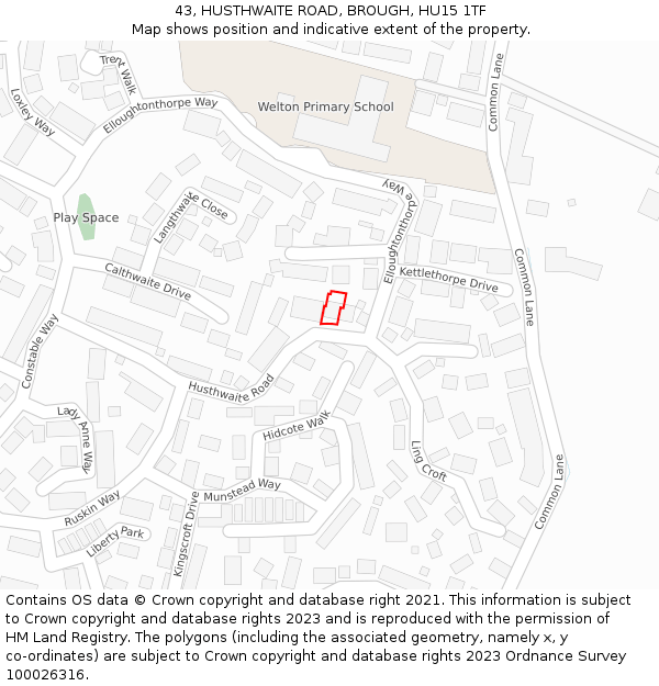 43, HUSTHWAITE ROAD, BROUGH, HU15 1TF: Location map and indicative extent of plot