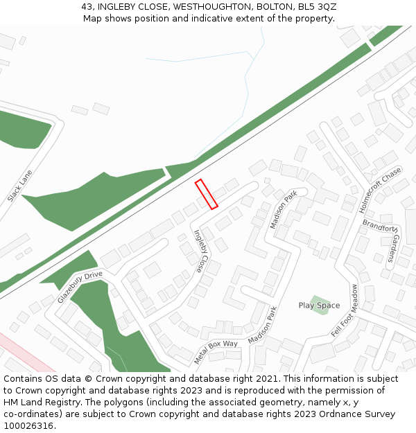 43, INGLEBY CLOSE, WESTHOUGHTON, BOLTON, BL5 3QZ: Location map and indicative extent of plot