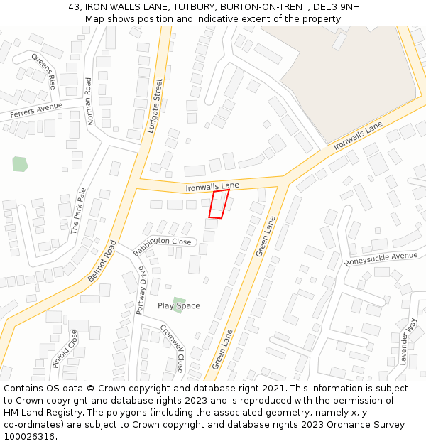 43, IRON WALLS LANE, TUTBURY, BURTON-ON-TRENT, DE13 9NH: Location map and indicative extent of plot