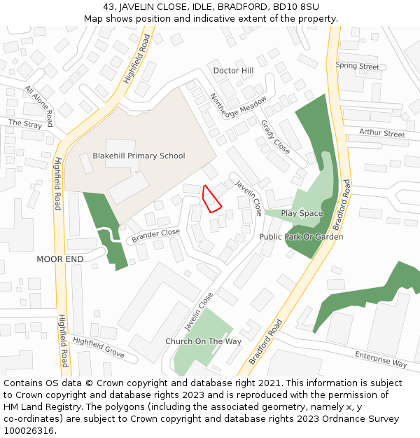 43, JAVELIN CLOSE, IDLE, BRADFORD, BD10 8SU: Location map and indicative extent of plot