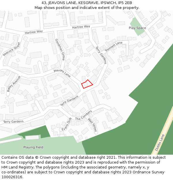 43, JEAVONS LANE, KESGRAVE, IPSWICH, IP5 2EB: Location map and indicative extent of plot