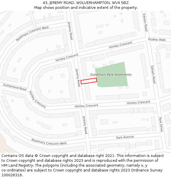 43, JEREMY ROAD, WOLVERHAMPTON, WV4 5BZ: Location map and indicative extent of plot