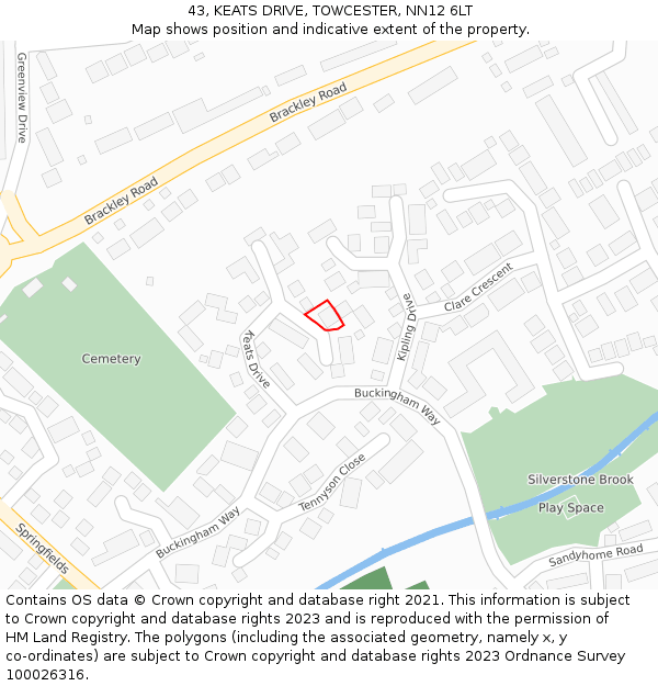 43, KEATS DRIVE, TOWCESTER, NN12 6LT: Location map and indicative extent of plot