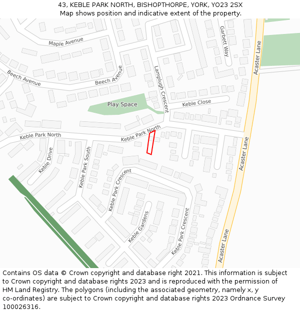 43, KEBLE PARK NORTH, BISHOPTHORPE, YORK, YO23 2SX: Location map and indicative extent of plot