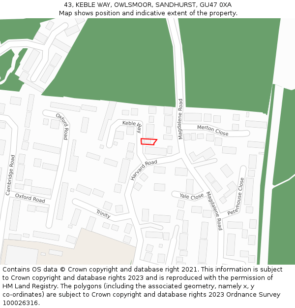 43, KEBLE WAY, OWLSMOOR, SANDHURST, GU47 0XA: Location map and indicative extent of plot