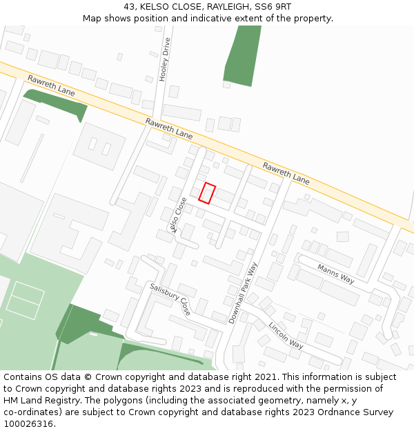 43, KELSO CLOSE, RAYLEIGH, SS6 9RT: Location map and indicative extent of plot