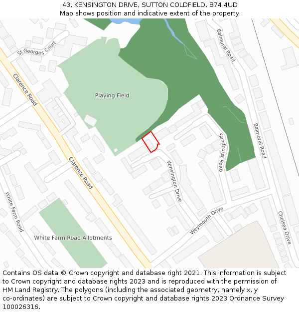 43, KENSINGTON DRIVE, SUTTON COLDFIELD, B74 4UD: Location map and indicative extent of plot