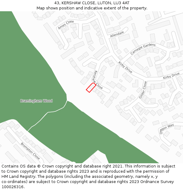 43, KERSHAW CLOSE, LUTON, LU3 4AT: Location map and indicative extent of plot