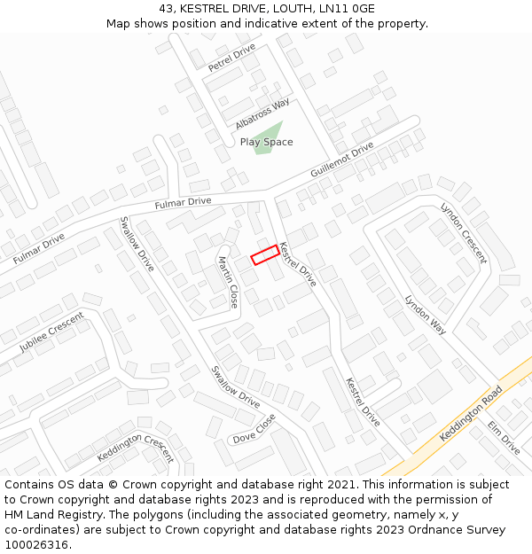 43, KESTREL DRIVE, LOUTH, LN11 0GE: Location map and indicative extent of plot