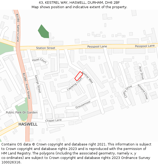 43, KESTREL WAY, HASWELL, DURHAM, DH6 2BF: Location map and indicative extent of plot