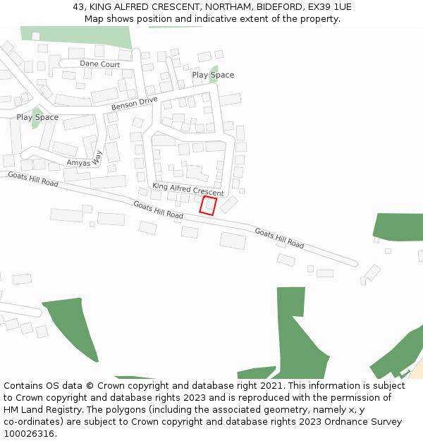 43, KING ALFRED CRESCENT, NORTHAM, BIDEFORD, EX39 1UE: Location map and indicative extent of plot