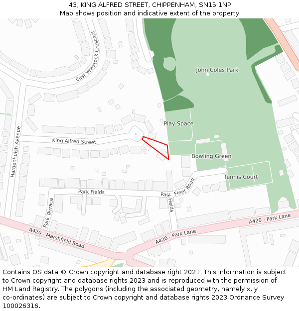 43, KING ALFRED STREET, CHIPPENHAM, SN15 1NP: Location map and indicative extent of plot