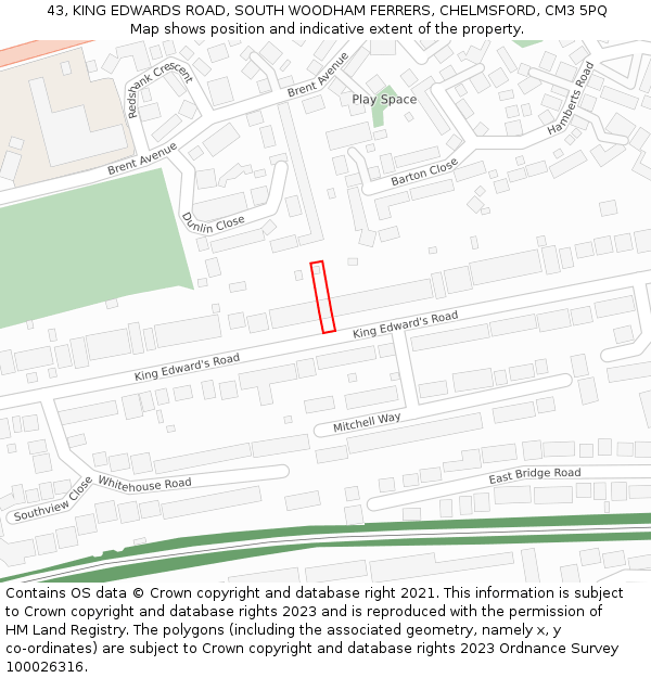 43, KING EDWARDS ROAD, SOUTH WOODHAM FERRERS, CHELMSFORD, CM3 5PQ: Location map and indicative extent of plot