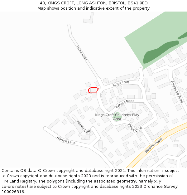 43, KINGS CROFT, LONG ASHTON, BRISTOL, BS41 9ED: Location map and indicative extent of plot