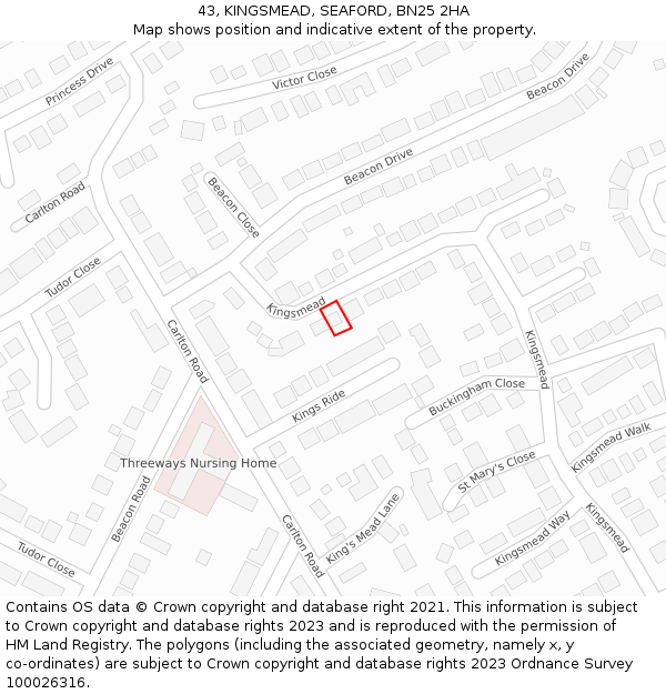 43, KINGSMEAD, SEAFORD, BN25 2HA: Location map and indicative extent of plot