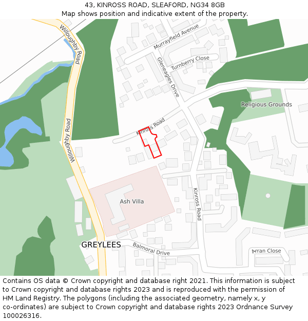 43, KINROSS ROAD, SLEAFORD, NG34 8GB: Location map and indicative extent of plot