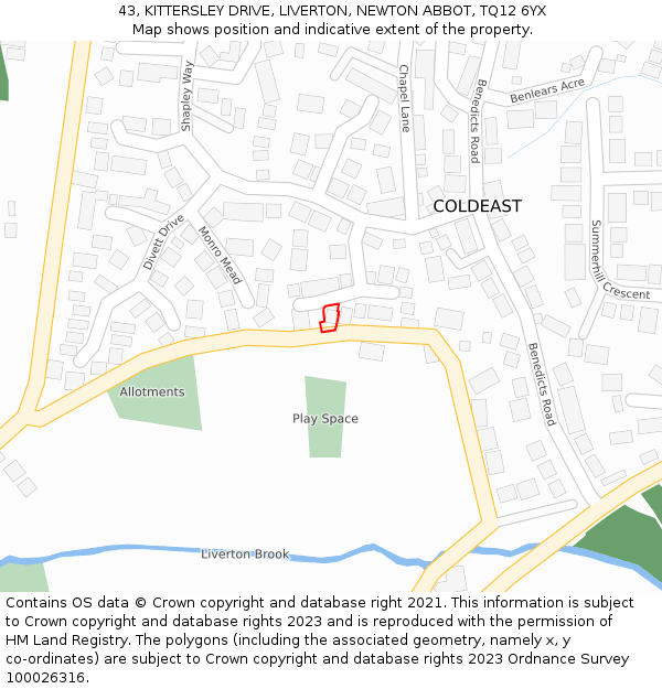 43, KITTERSLEY DRIVE, LIVERTON, NEWTON ABBOT, TQ12 6YX: Location map and indicative extent of plot