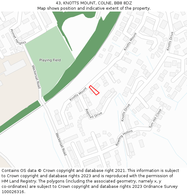 43, KNOTTS MOUNT, COLNE, BB8 8DZ: Location map and indicative extent of plot