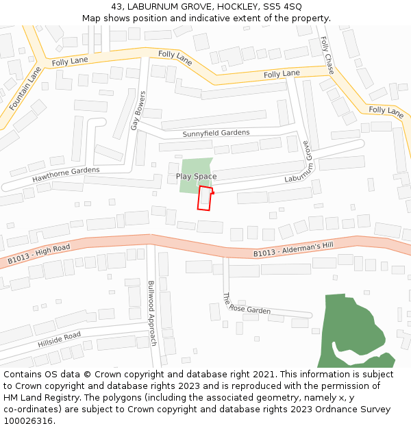 43, LABURNUM GROVE, HOCKLEY, SS5 4SQ: Location map and indicative extent of plot