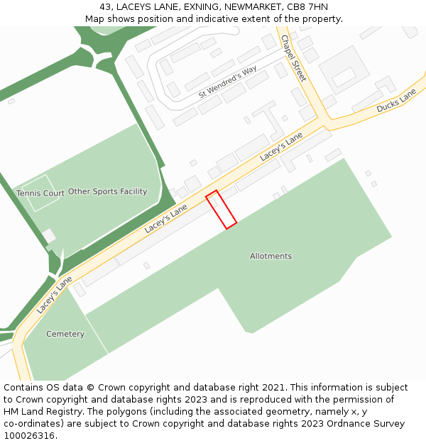 43, LACEYS LANE, EXNING, NEWMARKET, CB8 7HN: Location map and indicative extent of plot