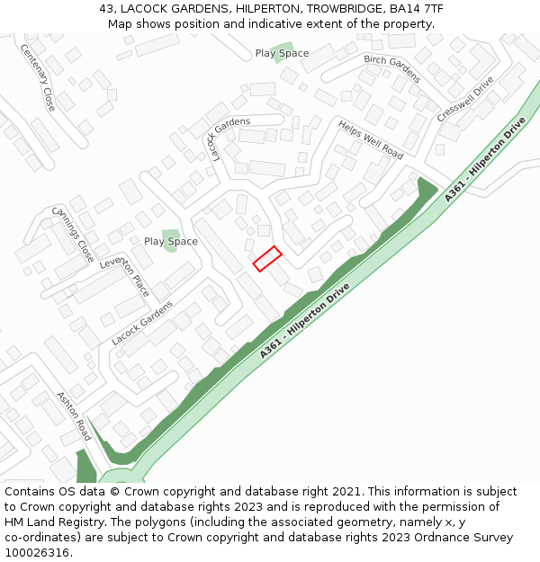 43, LACOCK GARDENS, HILPERTON, TROWBRIDGE, BA14 7TF: Location map and indicative extent of plot