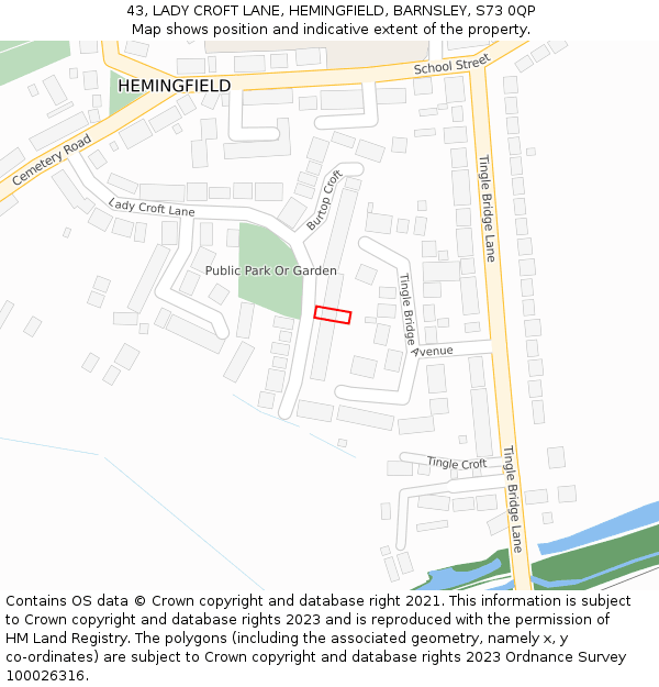 43, LADY CROFT LANE, HEMINGFIELD, BARNSLEY, S73 0QP: Location map and indicative extent of plot