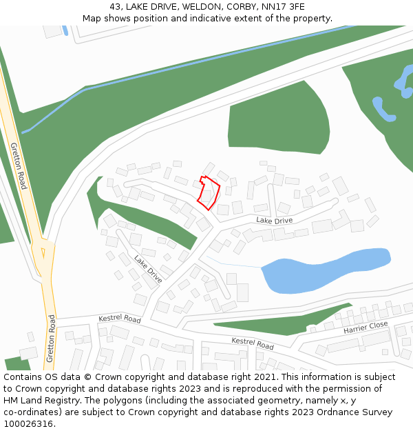 43, LAKE DRIVE, WELDON, CORBY, NN17 3FE: Location map and indicative extent of plot