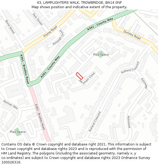 43, LAMPLIGHTERS WALK, TROWBRIDGE, BA14 0NF: Location map and indicative extent of plot