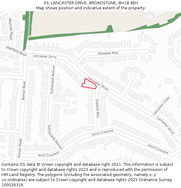 43, LANCASTER DRIVE, BROADSTONE, BH18 9EH: Location map and indicative extent of plot