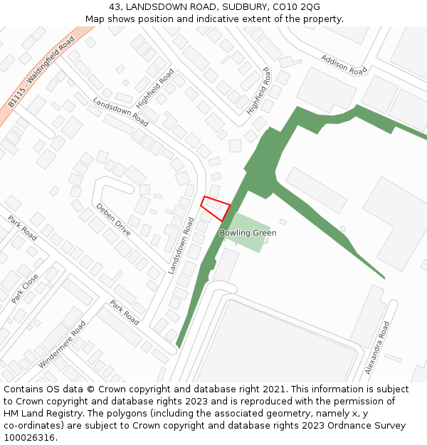 43, LANDSDOWN ROAD, SUDBURY, CO10 2QG: Location map and indicative extent of plot