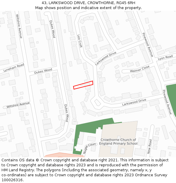 43, LARKSWOOD DRIVE, CROWTHORNE, RG45 6RH: Location map and indicative extent of plot