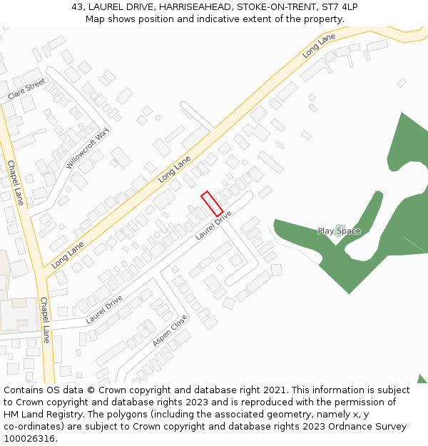 43, LAUREL DRIVE, HARRISEAHEAD, STOKE-ON-TRENT, ST7 4LP: Location map and indicative extent of plot