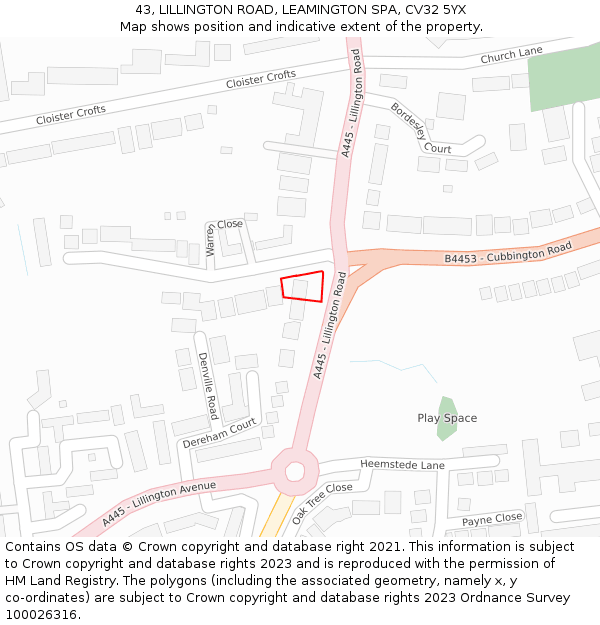 43, LILLINGTON ROAD, LEAMINGTON SPA, CV32 5YX: Location map and indicative extent of plot