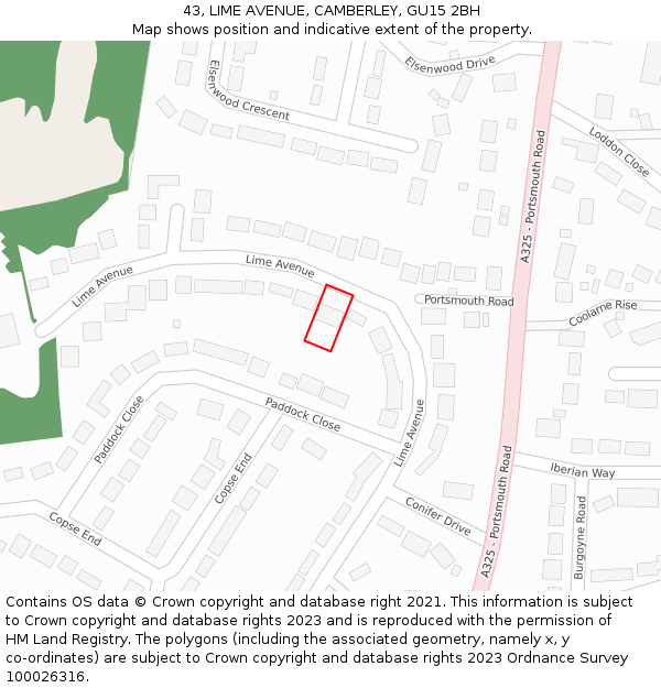 43, LIME AVENUE, CAMBERLEY, GU15 2BH: Location map and indicative extent of plot