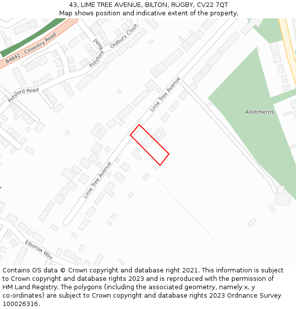 43, LIME TREE AVENUE, BILTON, RUGBY, CV22 7QT: Location map and indicative extent of plot