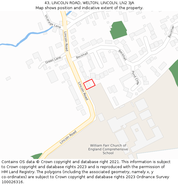 43, LINCOLN ROAD, WELTON, LINCOLN, LN2 3JA: Location map and indicative extent of plot