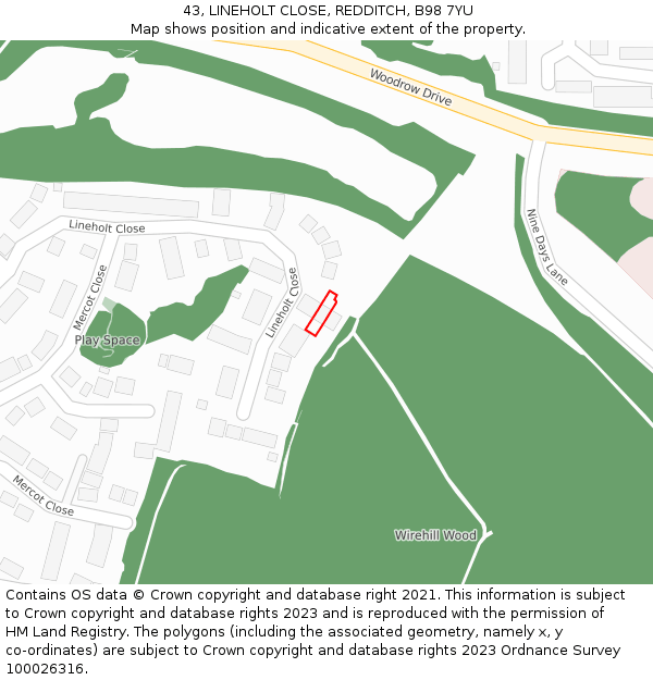 43, LINEHOLT CLOSE, REDDITCH, B98 7YU: Location map and indicative extent of plot