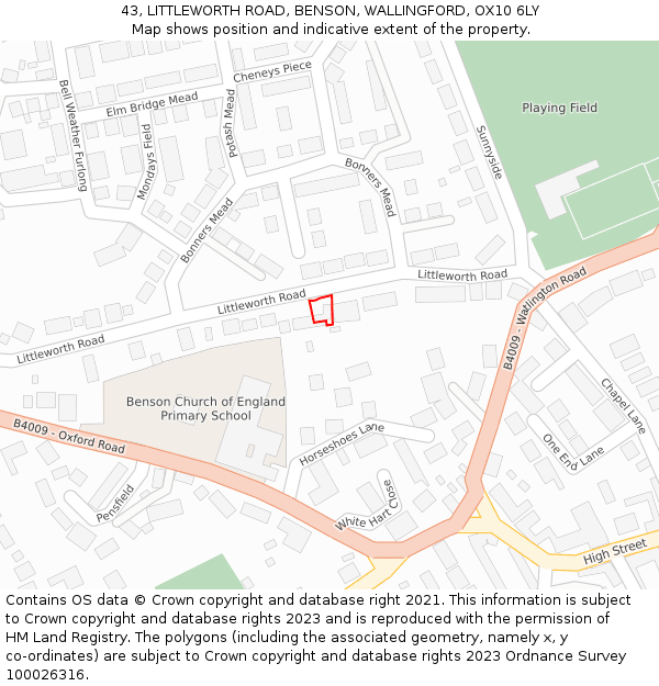 43, LITTLEWORTH ROAD, BENSON, WALLINGFORD, OX10 6LY: Location map and indicative extent of plot